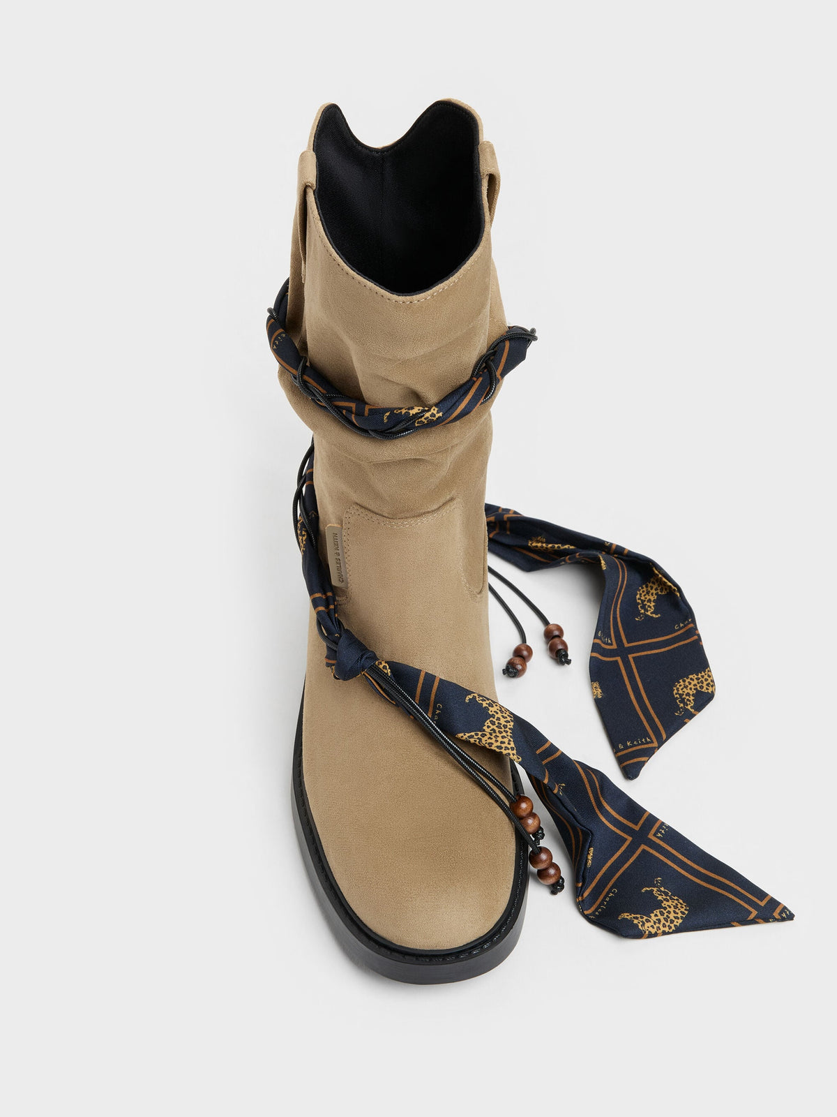 CHARLES & KEITH Popular / Faux Suede Printed-Scarf Calf Boots - Khaki