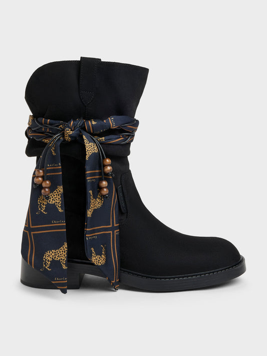 CHARLES & KEITH Trending / Faux Suede Printed-Scarf Calf Boots - Black Textured