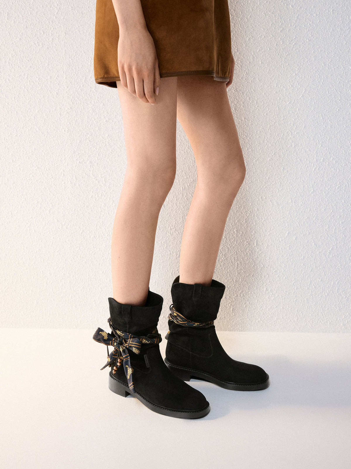 CHARLES & KEITH Trending / Faux Suede Printed-Scarf Calf Boots - Black Textured