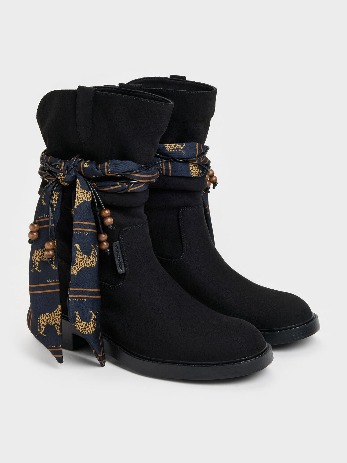 CHARLES & KEITH Trending / Faux Suede Printed-Scarf Calf Boots - Black Textured