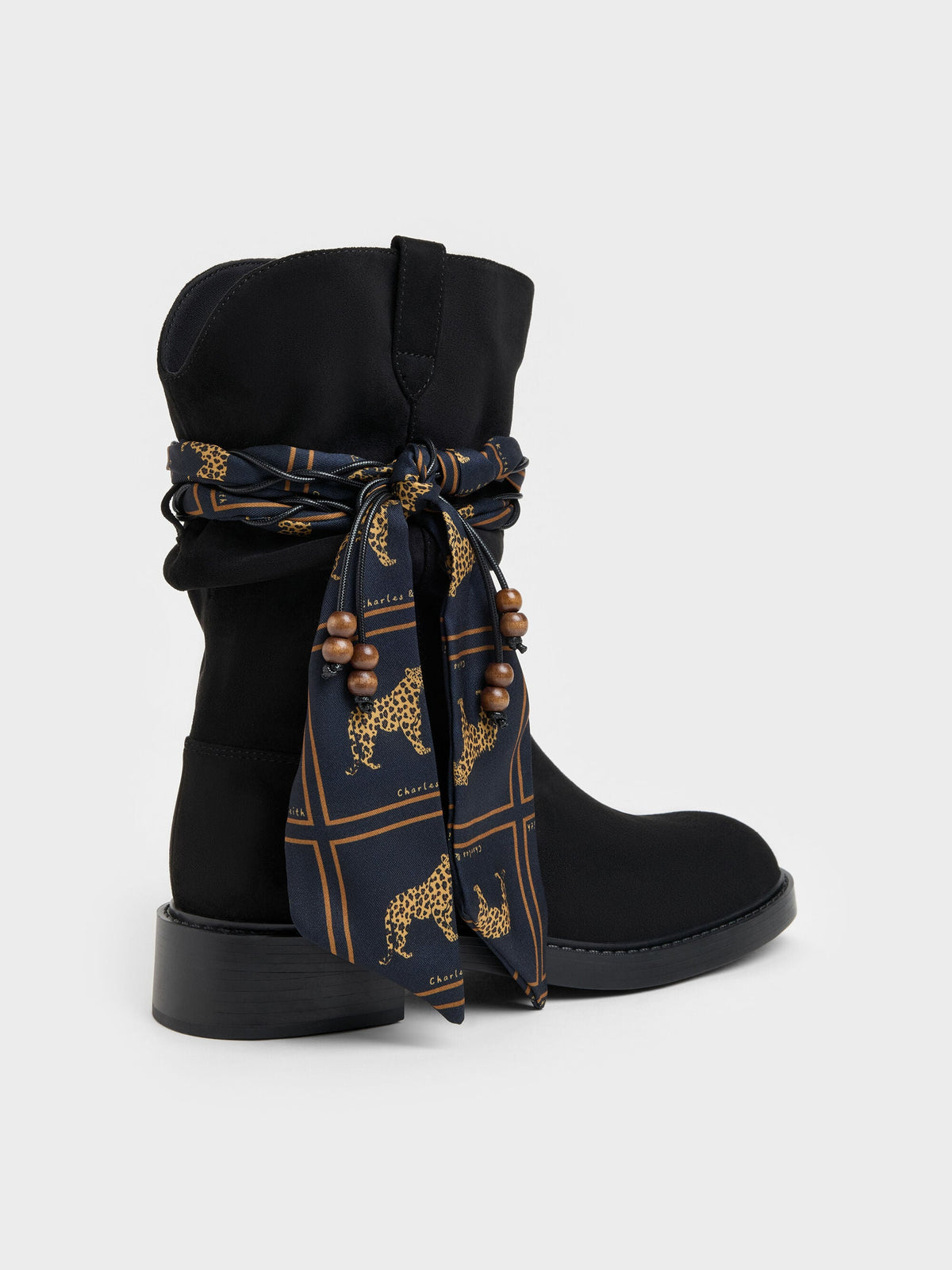 CHARLES & KEITH Trending / Faux Suede Printed-Scarf Calf Boots - Black Textured