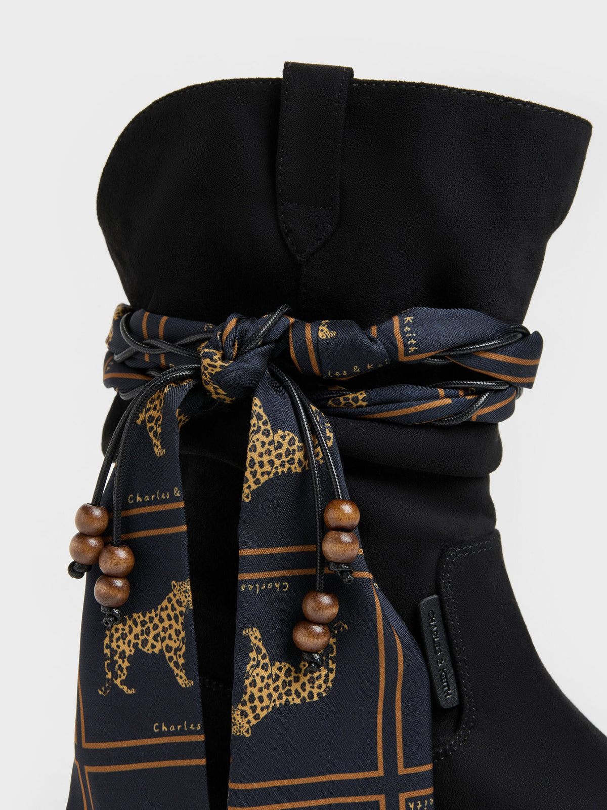 CHARLES & KEITH Trending / Faux Suede Printed-Scarf Calf Boots - Black Textured