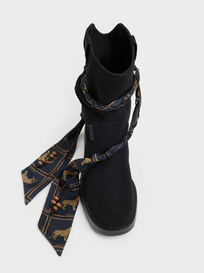 CHARLES & KEITH Trending / Faux Suede Printed-Scarf Calf Boots - Black Textured