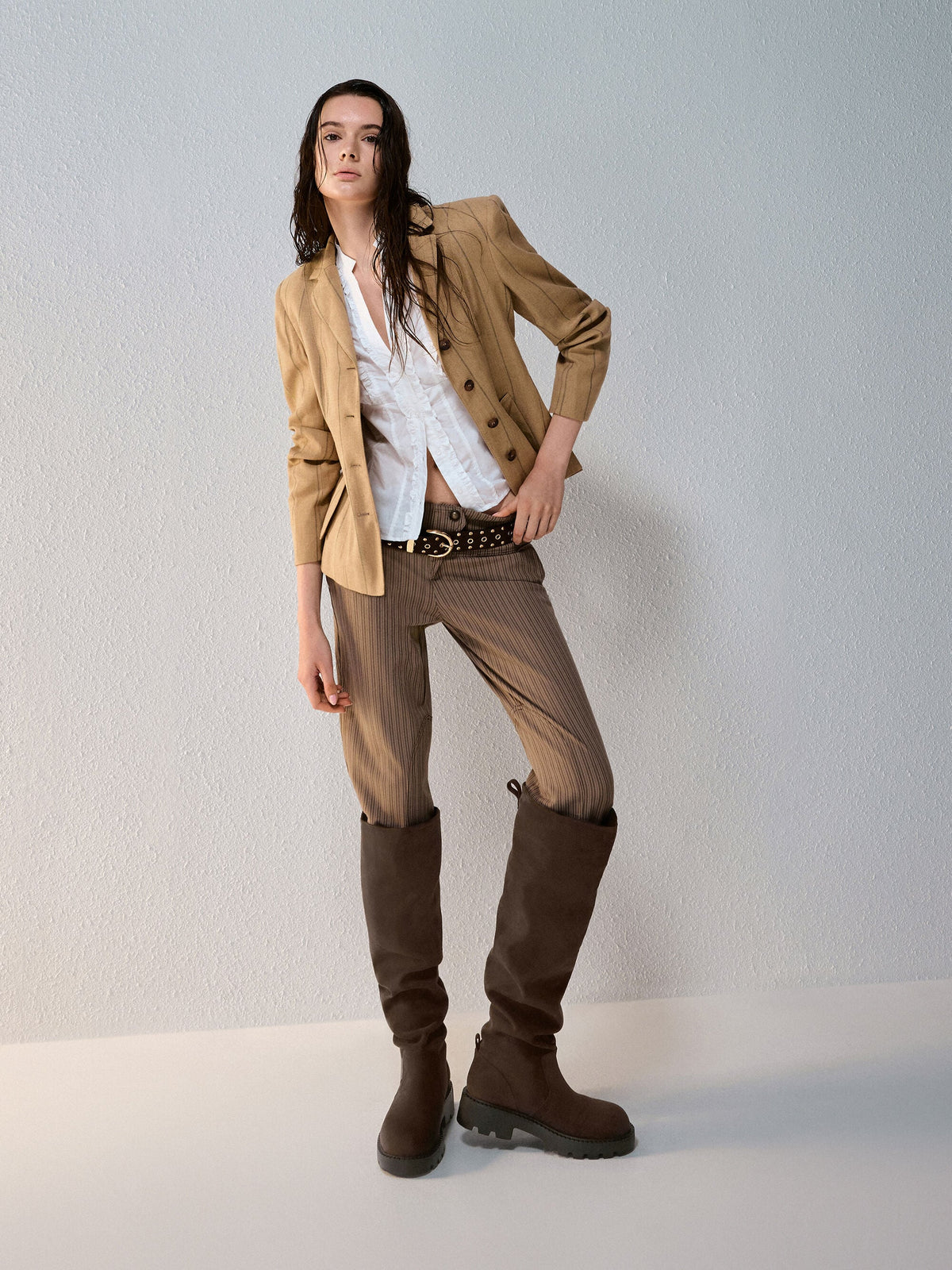 CHARLES & KEITH Top Pick / Camilla Faux Suede Thigh-High Boots - Dark Brown Textured