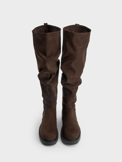 CHARLES & KEITH Top Pick / Camilla Faux Suede Thigh-High Boots - Dark Brown Textured