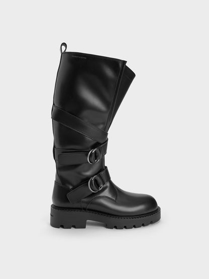 CHARLES & KEITH Latest / Double-Strap Knee-High Boots - Black
