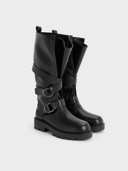 CHARLES & KEITH Latest / Double-Strap Knee-High Boots - Black