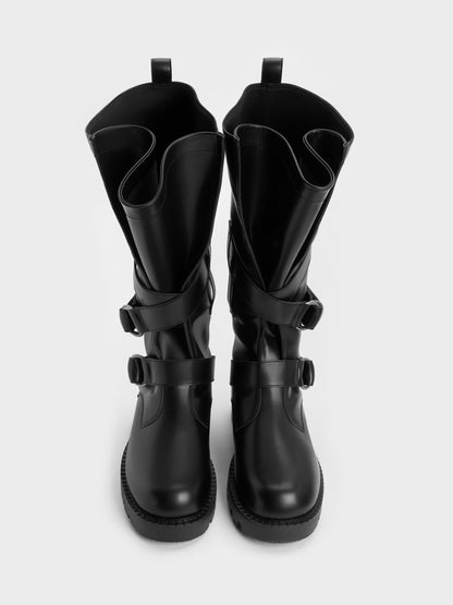 CHARLES & KEITH Latest / Double-Strap Knee-High Boots - Black