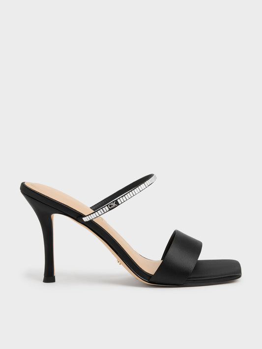 CHARLES & KEITH Hot Sale / Gem Heeled Mules - Black Textured