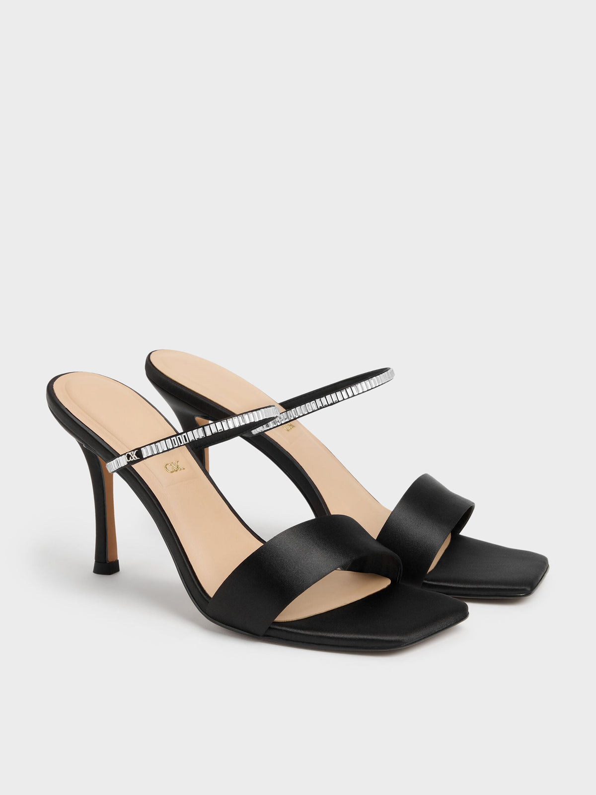 CHARLES & KEITH Hot Sale / Gem Heeled Mules - Black Textured