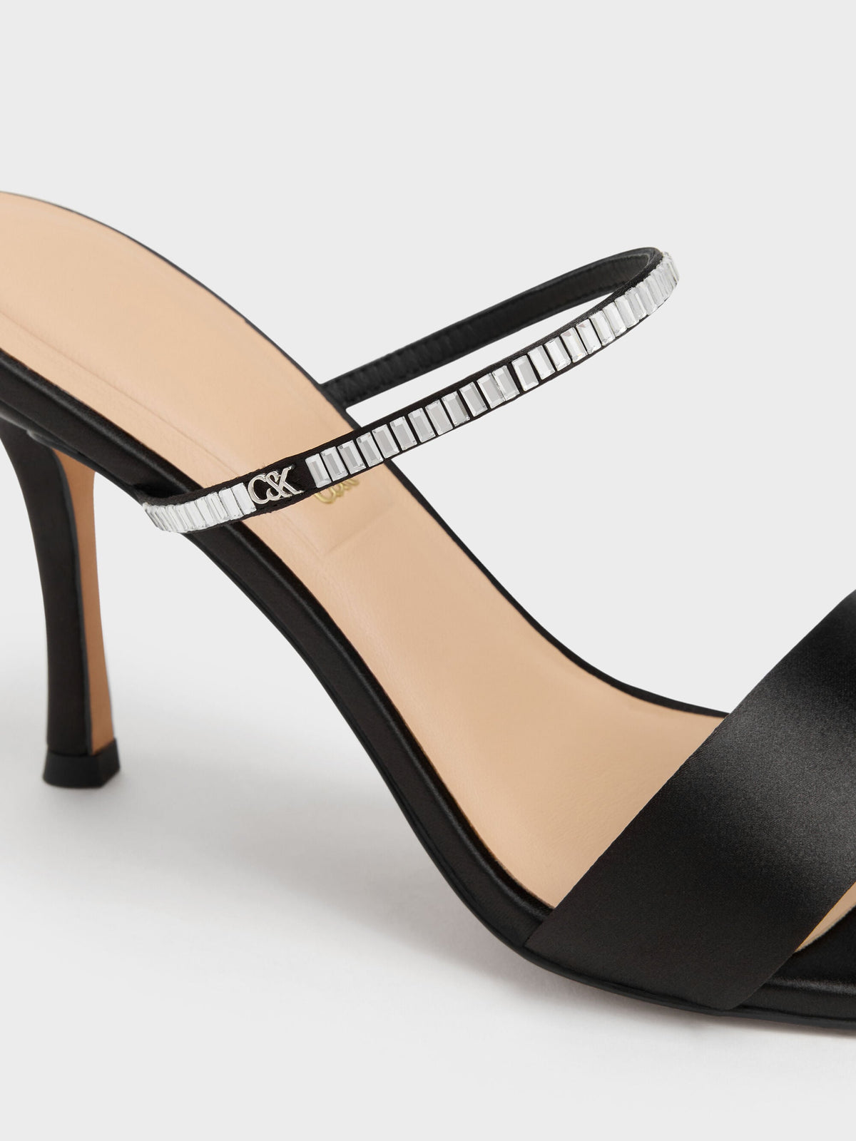 CHARLES & KEITH Hot Sale / Gem Heeled Mules - Black Textured