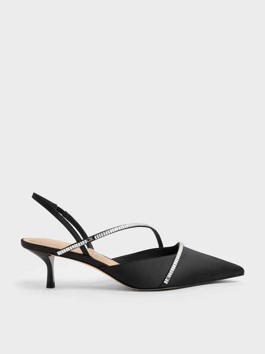 CHARLES & KEITH Trending / Gem Slingback Kitten Heels - Black Textured