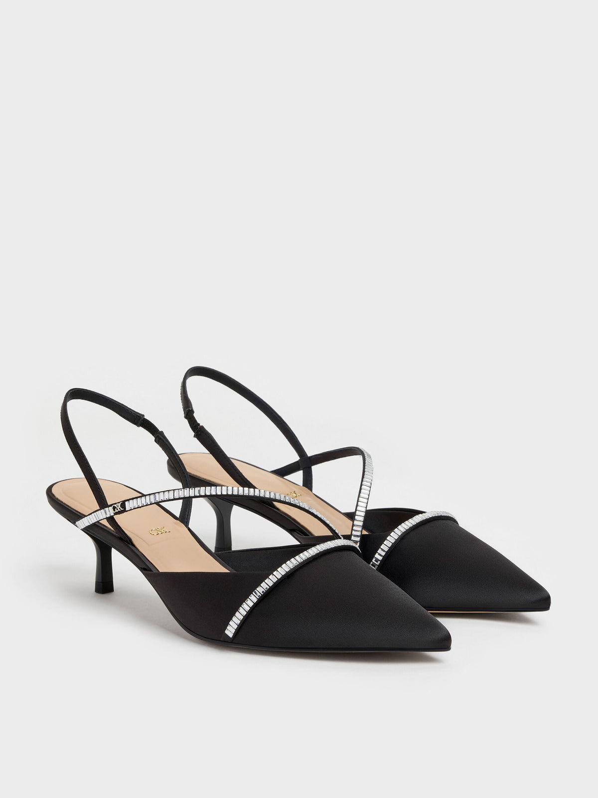 CHARLES & KEITH Trending / Gem Slingback Kitten Heels - Black Textured