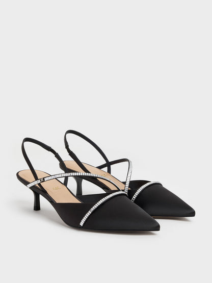 CHARLES & KEITH Trending / Gem Slingback Kitten Heels - Black Textured