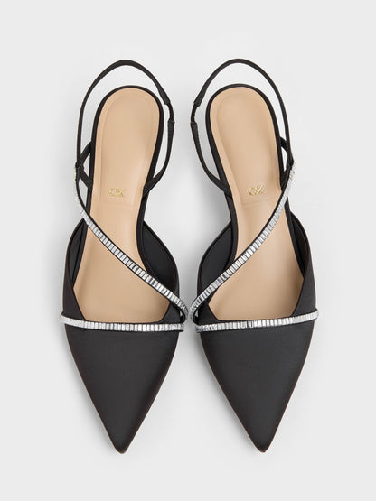 CHARLES & KEITH Trending / Gem Slingback Kitten Heels - Black Textured