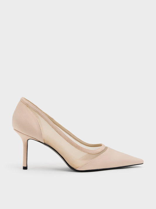 CHARLES & KEITH Signature / Faux Suede & Mesh Pointed Pumps - Beige