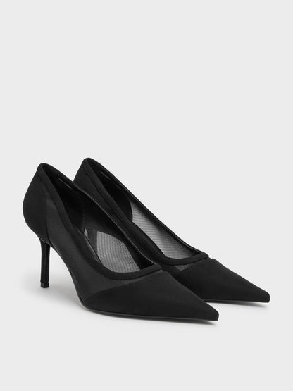 CHARLES & KEITH Special Offer / Faux Suede & Mesh Pointed Pumps - Black Textured