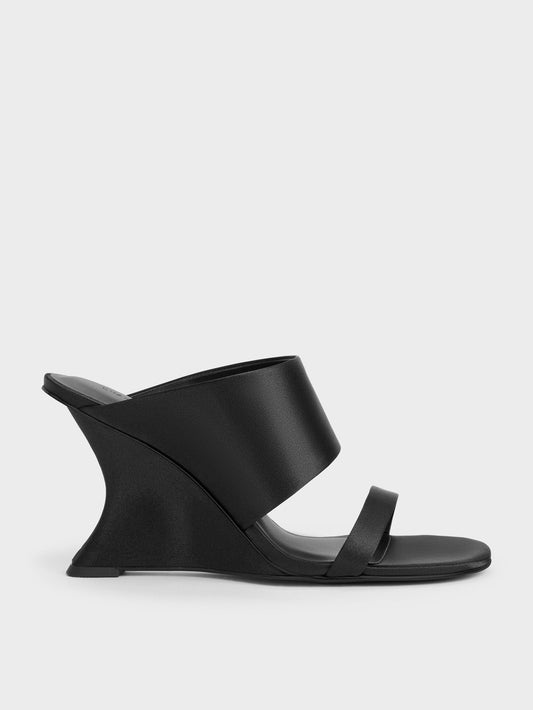 CHARLES & KEITH Everyday / Satin Double-Strap Wedge Mules - Black Textured