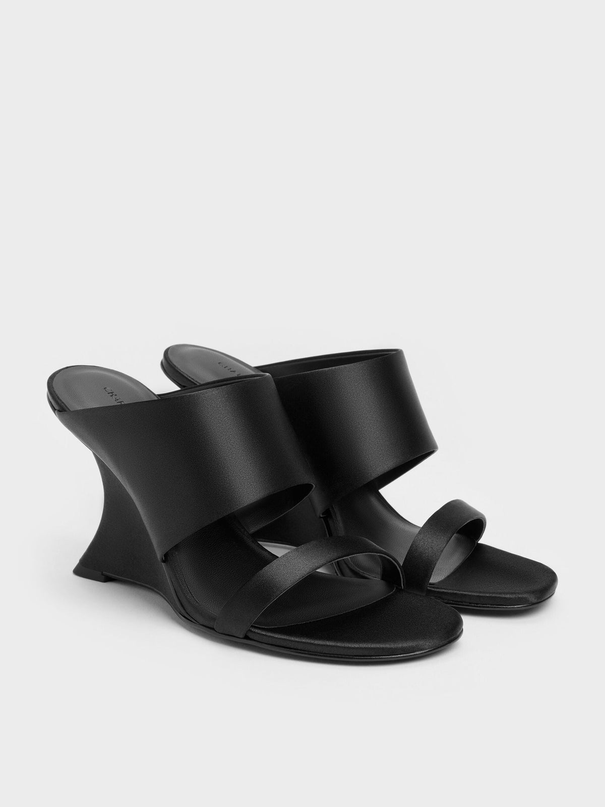CHARLES & KEITH Everyday / Satin Double-Strap Wedge Mules - Black Textured