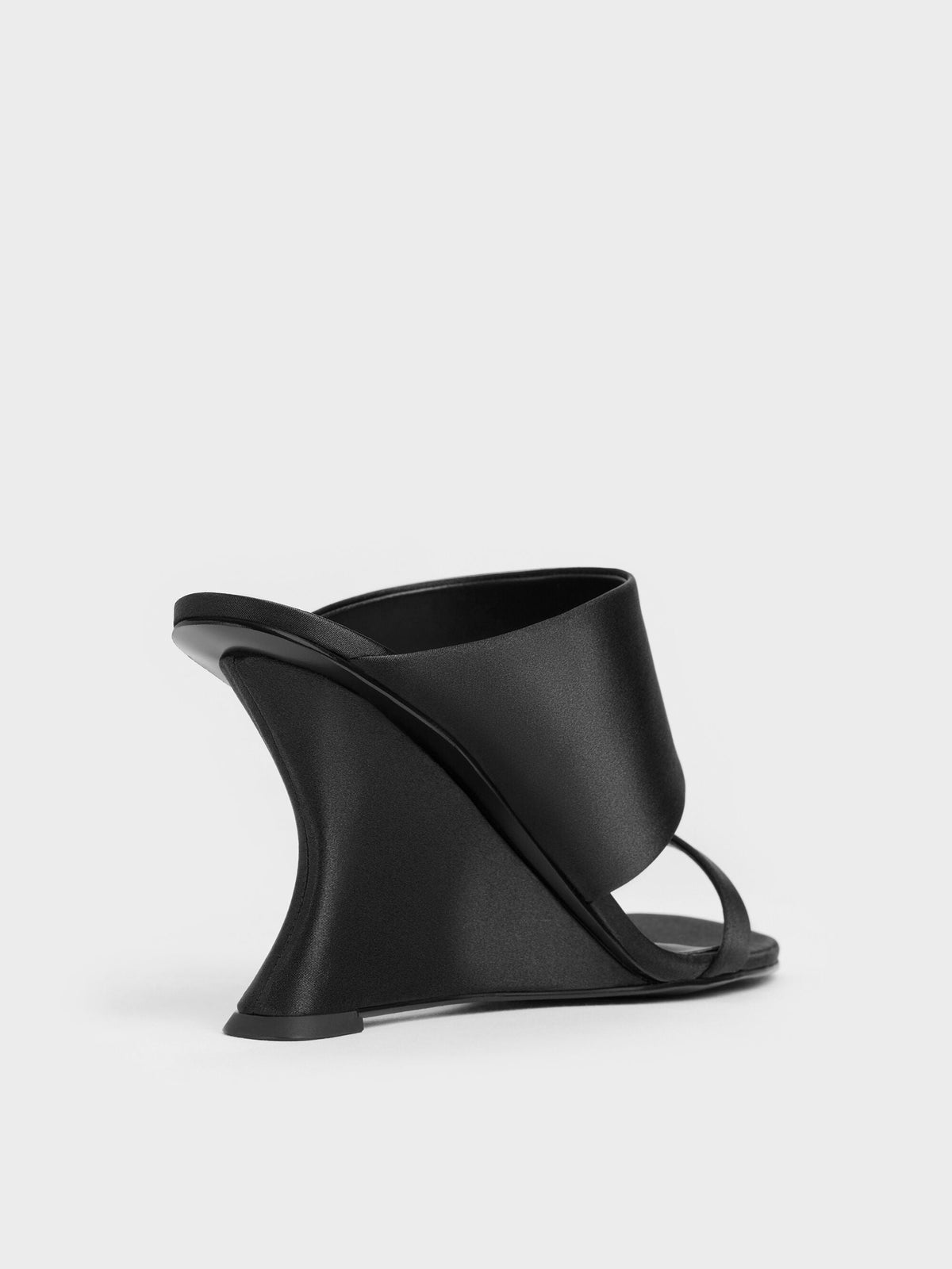 CHARLES & KEITH Everyday / Satin Double-Strap Wedge Mules - Black Textured