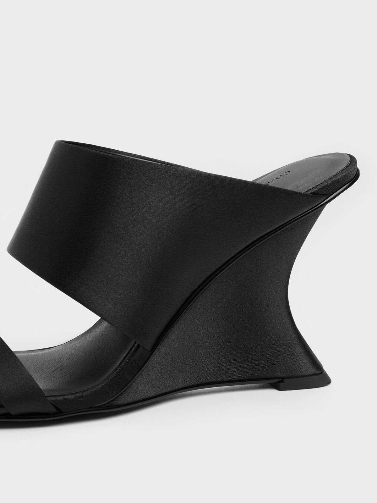 CHARLES & KEITH Everyday / Satin Double-Strap Wedge Mules - Black Textured