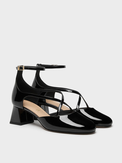 CHARLES & KEITH Signature / Patent Leather Crossover Pumps - Black Patent