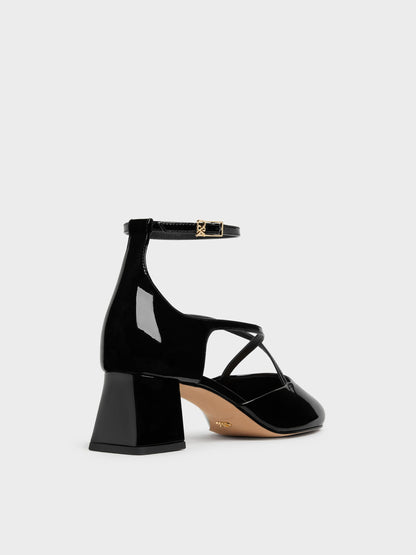 CHARLES & KEITH Signature / Patent Leather Crossover Pumps - Black Patent