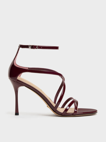 CHARLES & KEITH Best Seller / Patent Leather Strappy Stiletto Sandals - Burgundy
