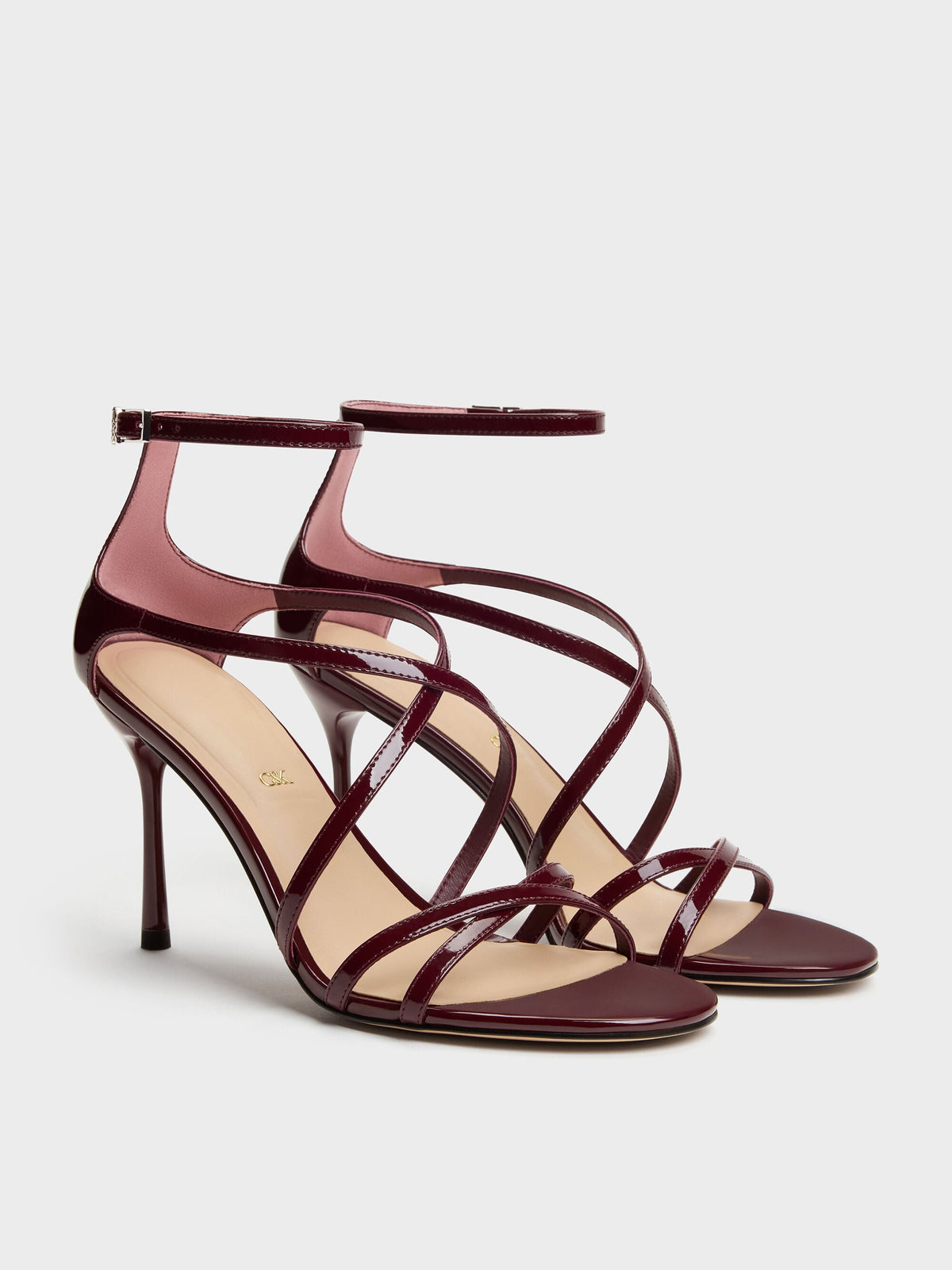 CHARLES & KEITH Best Seller / Patent Leather Strappy Stiletto Sandals - Burgundy