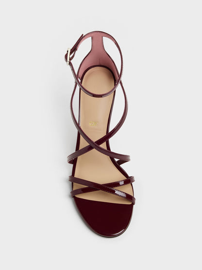 CHARLES & KEITH Best Seller / Patent Leather Strappy Stiletto Sandals - Burgundy