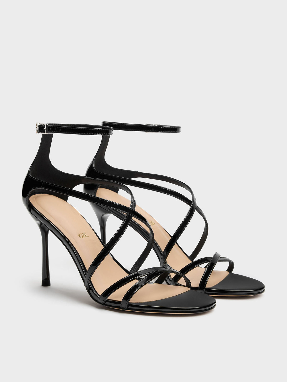 CHARLES & KEITH Latest / Patent Leather Strappy Stiletto Sandals - Black Patent