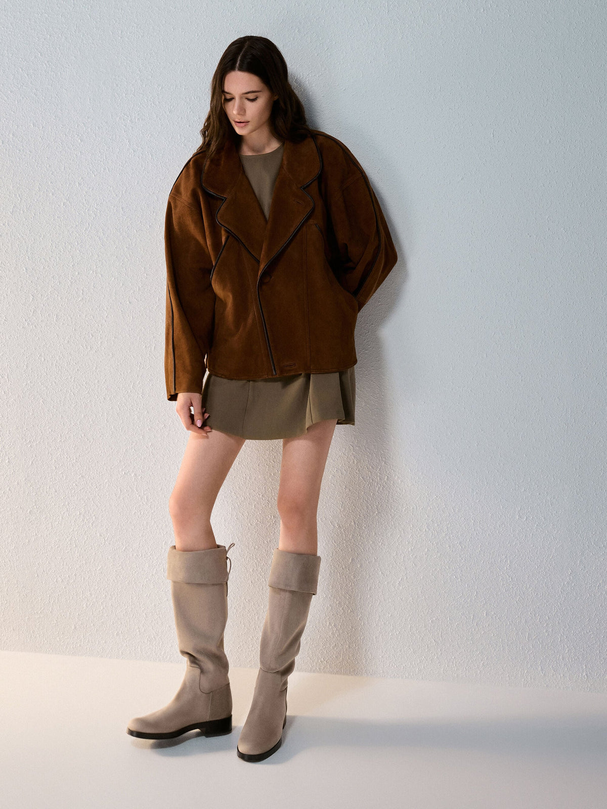 CHARLES & KEITH Value / Louisa Faux Suede Fold-Over Thigh-High Boots - Taupe