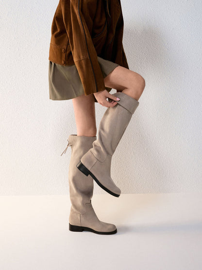 CHARLES & KEITH Value / Louisa Faux Suede Fold-Over Thigh-High Boots - Taupe