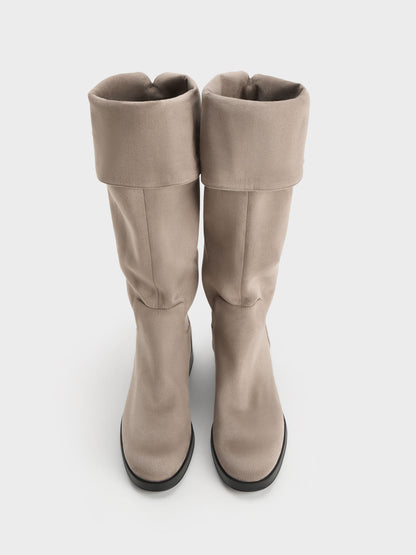 CHARLES & KEITH Value / Louisa Faux Suede Fold-Over Thigh-High Boots - Taupe