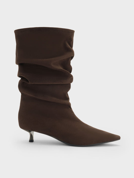 CHARLES & KEITH Discount / Faux Suede Ruched Kitten-Heel Calf Boots - Dark Brown Textured