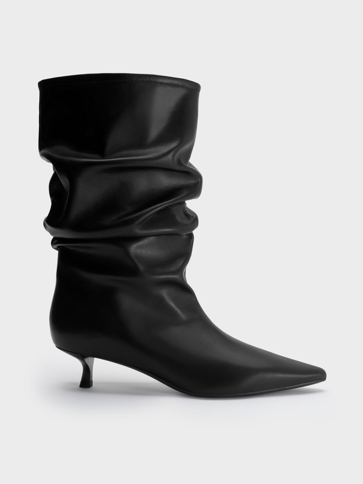 CHARLES & KEITH Customer Favorite / Ruched Kitten-Heel Calf Boots - Black
