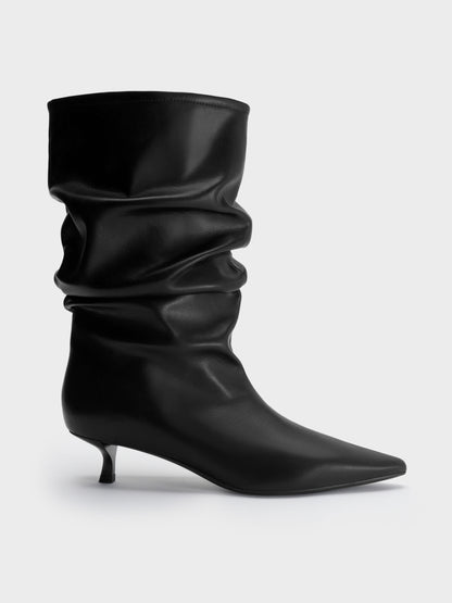 CHARLES & KEITH Customer Favorite / Ruched Kitten-Heel Calf Boots - Black