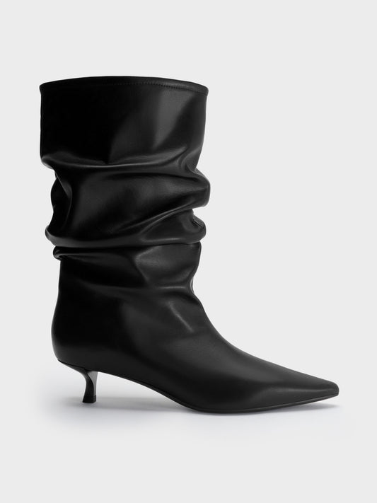 CHARLES & KEITH Customer Favorite / Ruched Kitten-Heel Calf Boots - Black
