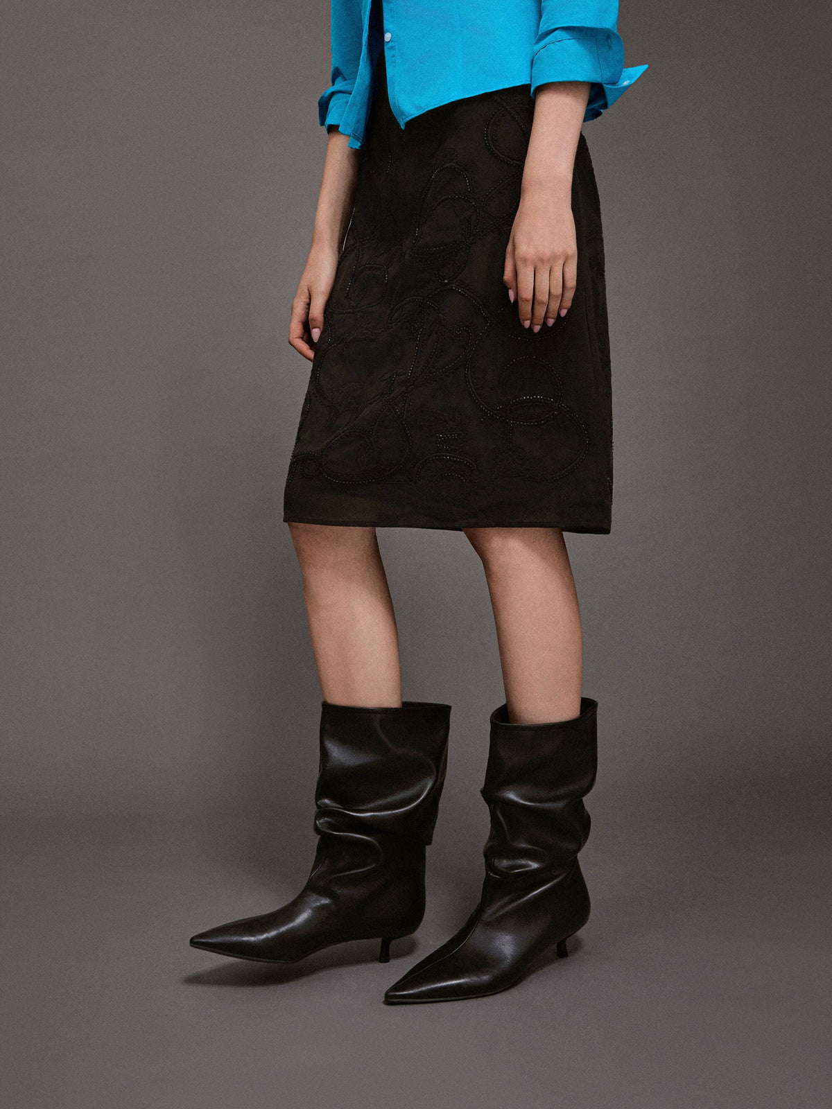 CHARLES & KEITH Customer Favorite / Ruched Kitten-Heel Calf Boots - Black
