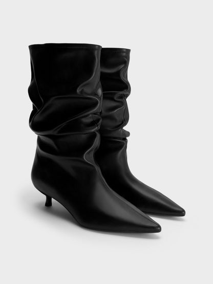 CHARLES & KEITH Customer Favorite / Ruched Kitten-Heel Calf Boots - Black