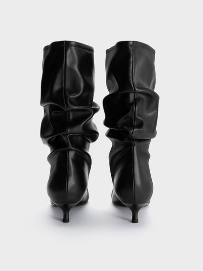 CHARLES & KEITH Customer Favorite / Ruched Kitten-Heel Calf Boots - Black