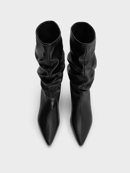 CHARLES & KEITH Customer Favorite / Ruched Kitten-Heel Calf Boots - Black