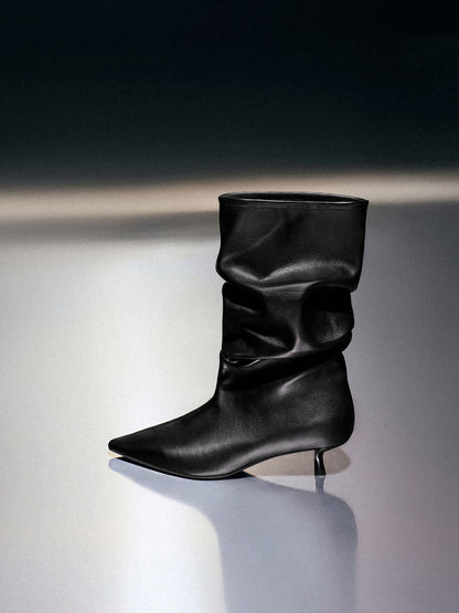 CHARLES & KEITH Customer Favorite / Ruched Kitten-Heel Calf Boots - Black