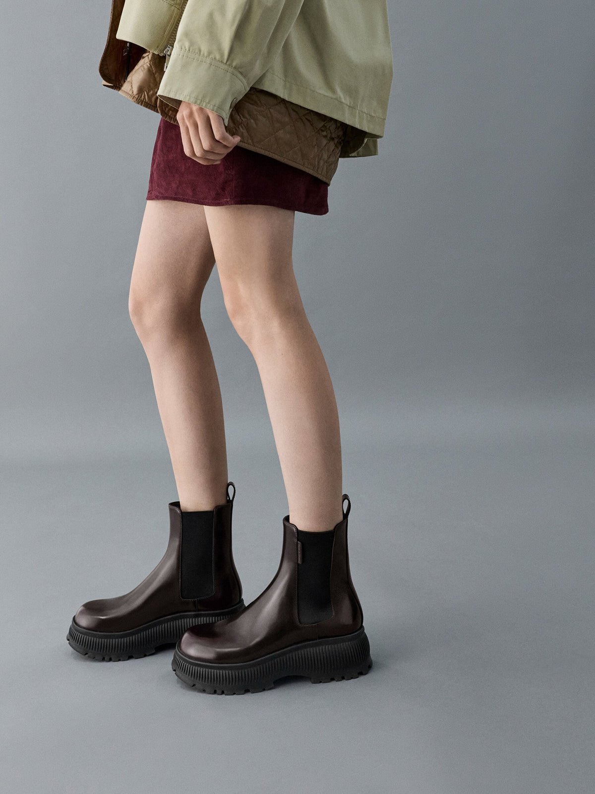 CHARLES & KEITH Trusted / Darra Ridged-Sole Ankle Boots - Burgundy