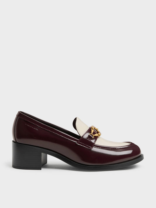 CHARLES & KEITH Featured / Two-Tone Metallic-Buckle Loafer Pumps - Burgundy