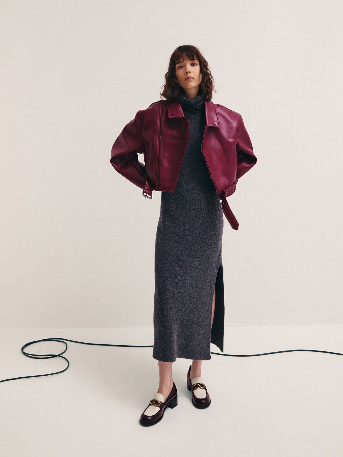 CHARLES & KEITH Featured / Two-Tone Metallic-Buckle Loafer Pumps - Burgundy
