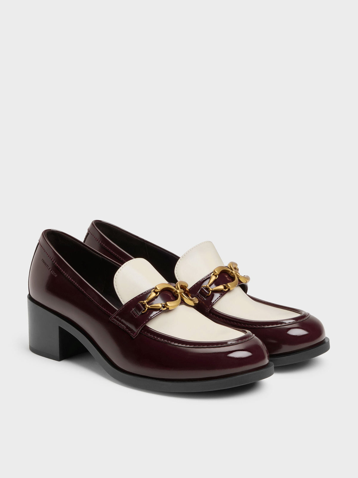CHARLES & KEITH Featured / Two-Tone Metallic-Buckle Loafer Pumps - Burgundy