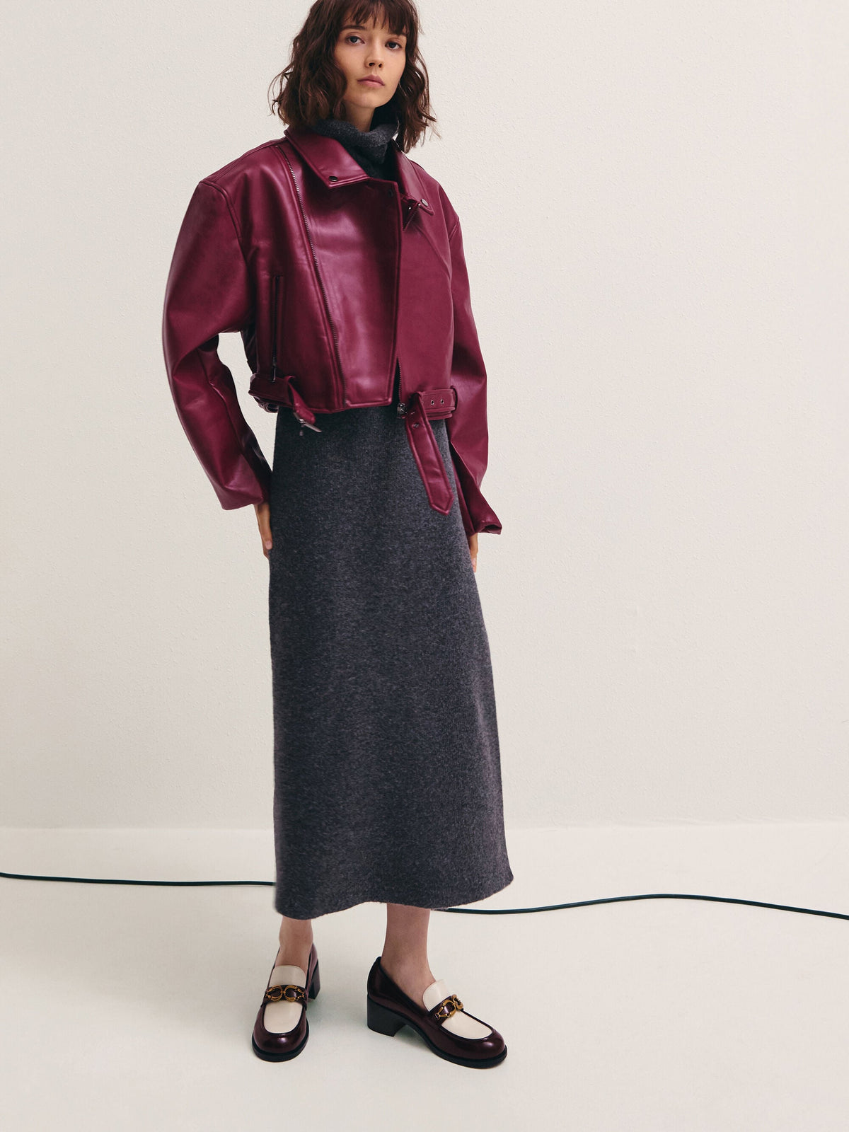 CHARLES & KEITH Featured / Two-Tone Metallic-Buckle Loafer Pumps - Burgundy