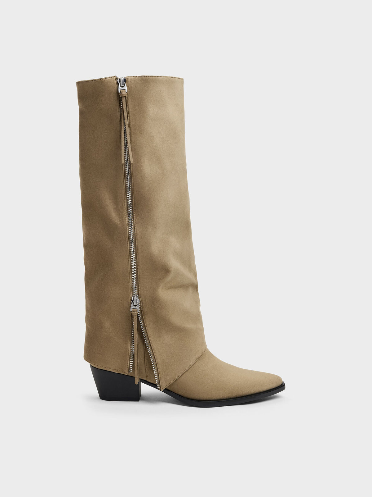 CHARLES & KEITH Sale / Aether Faux Suede Tassel-Zip Knee-High Boots - Khaki