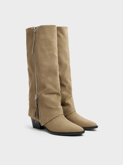 CHARLES & KEITH Sale / Aether Faux Suede Tassel-Zip Knee-High Boots - Khaki